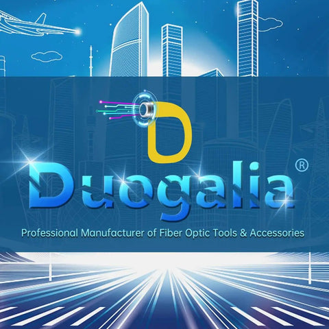 Duogalia logo with futuristic cityscape background, fiber optic tools manufacturer