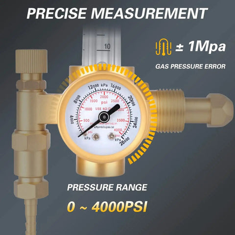 Close-up of Argon And CO2 Gas Regulator With CGA 580 Inlet for TIG and MIG welding, showing 0 to 4000 PSI gauge and brass fittings.