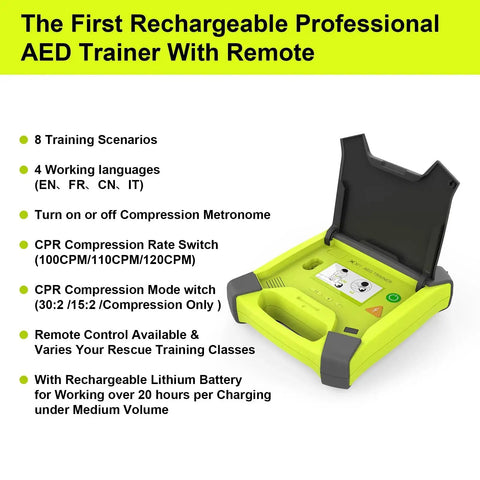 AED Trainer Pro 120GA XFT Defibrillator Simulator with open lid showing controls, green color, first aid training features listed.