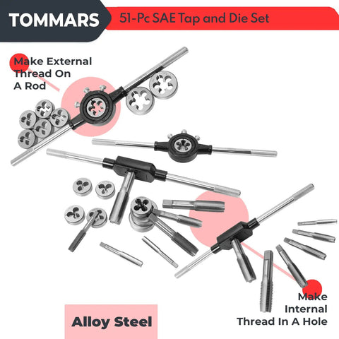 Jumbo 51 Piece Tap And Die Set For 1 4 20 To 1 14 SAE Threads with T-handle tap wrench and die wrench for metal repairs.