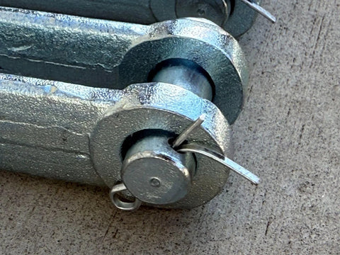 Close-up of Beefy 5/8-18 Adjustable Yoke End With Galvanized Threaded Clevis, Pins Included, showing corrosion resistant steel