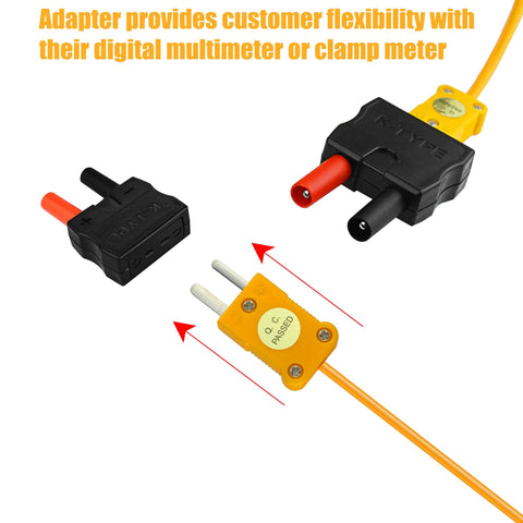 Three banana plug adapters: orange K-type thermocouple adapter and two black connectors for digital meters