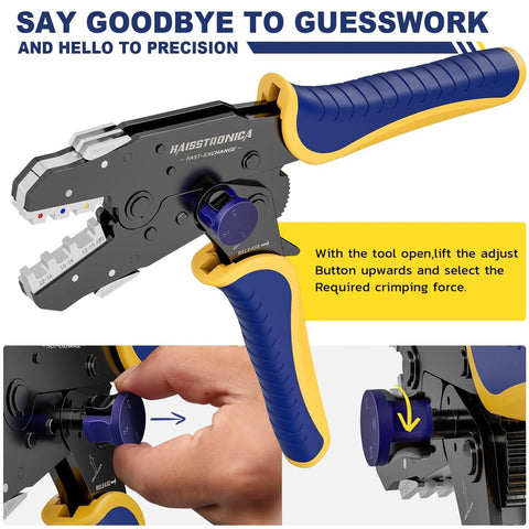 Eight Piece Rapid Replace Ratchet Crimping Tool Set With Pressure Regulation And Automatic Wire Stripper shown with adjustment knob