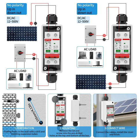 Diagram showing DC1000V 2 Pole 32A Solar Disconnect Switch With IP65 Waterproof DIN Rail Mount for overload protection and installation.
