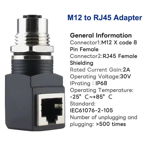 M12 To RJ45 X Code 8 Pin Shielded IP68 Industrial Ethernet Adapter with specifications for Basler Cognex cameras