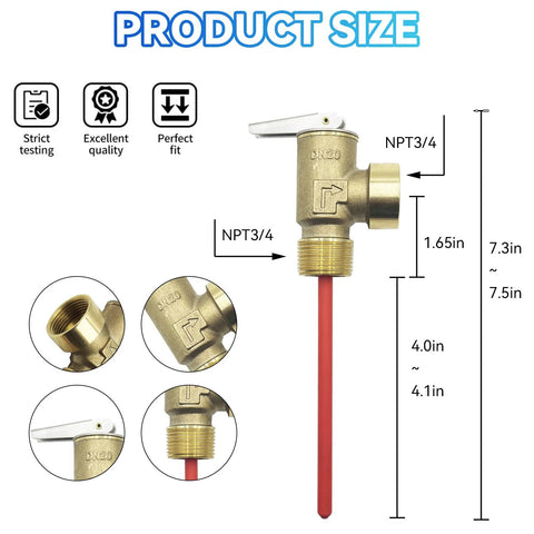 Brass 3/4-in T&P pressure relief valve with extended probe for hot water heater; red probe, NPT 3/4