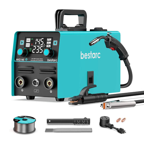 3 In 1 MIG TIG Stick Welder, 145 Amp, 110V 220V Gasless Flux Core Welder With Digital Screen, Portable unit front view