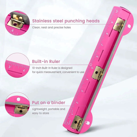 3 Hole Punch For Ring Binders With Built In Ruler, Handy Portable Paper Puncher, Deep Pink with stainless steel heads