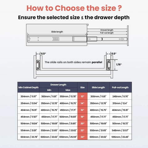 Diagram with measurements for 22 Inch Soft Close Drawer Slides Built To Last Heavy Duty Side Mount 100Lb Capacity Full Extension Ball Bearing Cabinet Glides For Kitchen And Dresser 6 Pairs 12 Pack