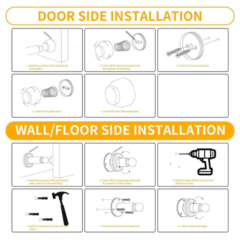 Diagram showing wall and door installation of Heavy Duty Magnetic Door Stopper for Wall and Bottom of Door with Adjustable Height