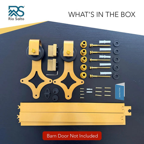 Gold Barn Door Hardware Kit With 72 Inch Adjustable Length On A 6-Foot Track, Diamond Shaped Rollers, parts laid out on table