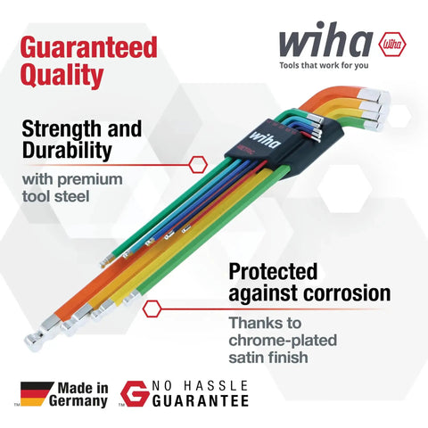Ball End Hex L Key Set 9 Piece Metric with color coded handles and textured no slip grip, CNC precision for reduced cam out, with holder