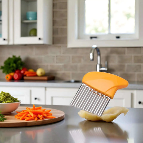 Orange Crinkle Cutter Slicer For Potatoes Carrots And Veggies, Stainless Steel Wavy Cutter, in kitchen setting with sliced veggies