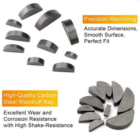 Woodruff Key Assortment Kit, 120 Pieces, 10 Popular Half Moon Key Sizes, show precision machining and high-quality carbon steel.