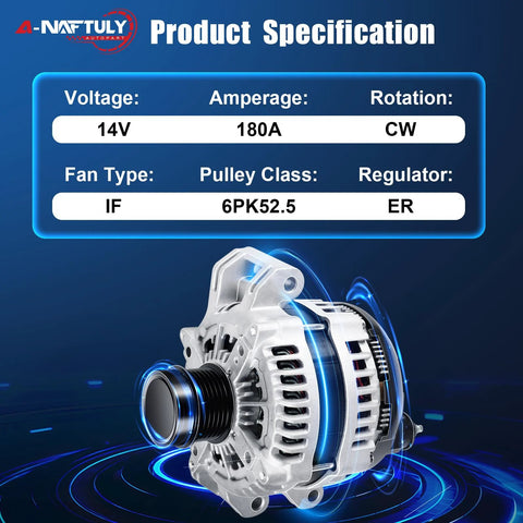 180A High Output Alternator Replacement image showing specifications for 2011-2021 Chrysler 300, Dodge Charger, Grand Cherokee.