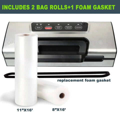 Pro Home Vacuum Sealer With Built In Cutter And Bag Storage Auto And Manual Modes shown with 11x16 and 8x16 bag rolls
