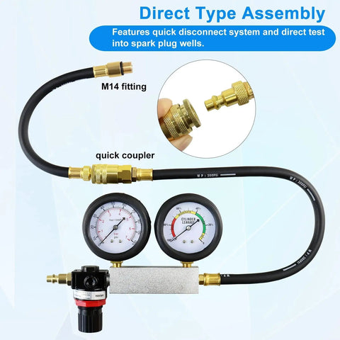 Leak Down Tester Kit With Dual Pressure Gauges For Gasoline Engines By JoyFans, showing M14 fitting and quick coupler