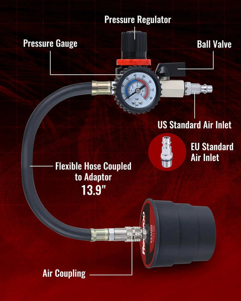 Turbo Boost Leak Tester Kit For Cars And Light Trucks, pressure gauge with flexible hose and adapters, front view