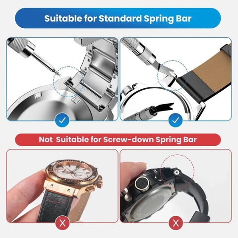 Must Have All In One Watch Band Repair Kit With Spring Bar Tool And Link Removal Tool 56 Stainless Steel Spring Bars For 16 26mm Bands Includes Handy User Manual Durable Waterproof Build For Replacing Straps And Adjusting Links showing compatible tools for standard spring bar and warning for screw-down spring bar