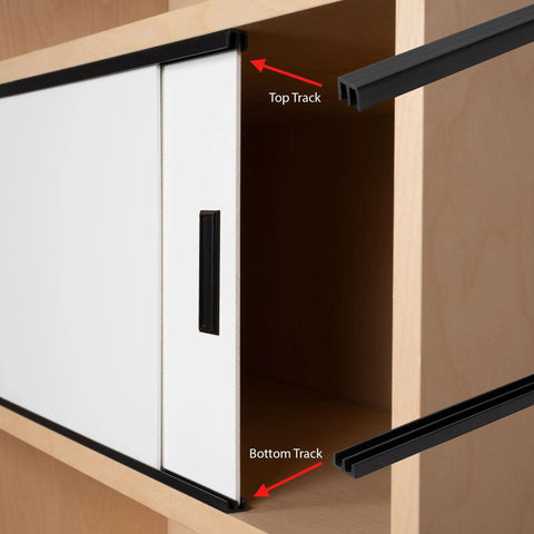 One Eighth Inch Panel Sliding Door Track System, 48 Inch Black Plastic Upper And Lower Track Set, USA Made, installed on wood cabinet