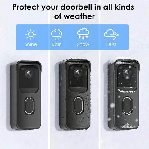 Three 2025 Blink Video Doorbell 2nd Gen with Adhesive No Drill Door Mount in different weather conditions, black color