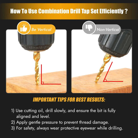 Guide on using All In One Drill And Tap Set Six Pack With High Efficiency HSS Titanium Drill Bits, showing vertical vs non-vertical drilling.