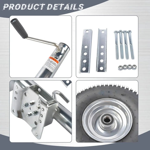 Components of Swivel Trailer Tongue Jack 2000Lb Capacity Bolt-On Foldable With 13.38in Wheel, including bracket, handle, and wheel.