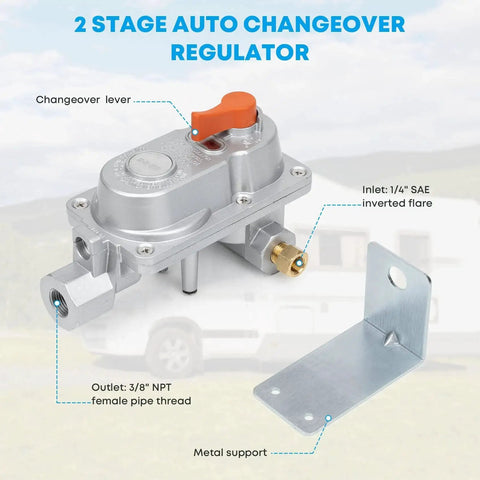 Two Stage Auto Changeover Propane Regulator with auto switch, changeover lever, SAE inlet, NPT outlet, metal support for RVs