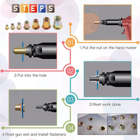 Installation steps for 320Pcs Rivet Nut Assortment Kit M3 M4 M5 M6 M8 M10 M12 Half Hex Body Flange Rivet Nuts