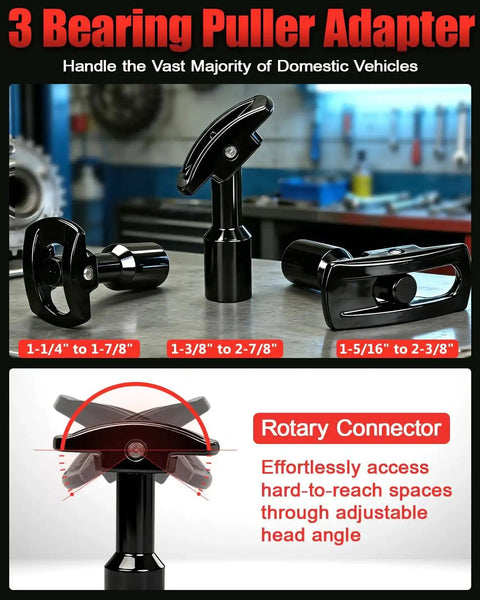 3 Bearing Puller Adapters from 8 Piece Slide Hammer Puller And Rear Axle Bearing Removal Tool Set, showing various sizes and rotary connector.