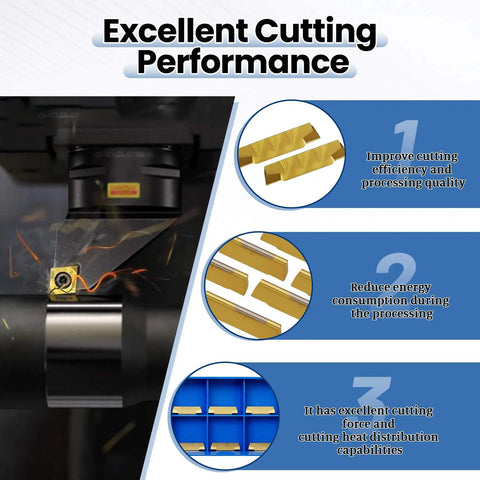 20Pcs MGMN200 G 2mm Grooving Cutoff Carbide Inserts with CVD Yellow Coating shown in cutting action and detail, highlighting performance benefits.