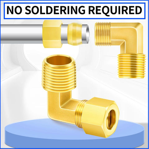 Brass compression elbow fitting, 5/8 in OD to 1/2 in NPT male, 90-degree, two-pack.