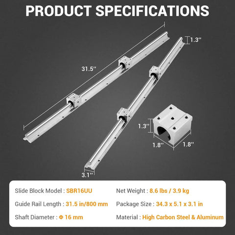 Aluminum Alloy Linear Guide Rail Kit 2 Pack SBR 16 800mm Round Rails for Smooth Motion. Includes high carbon steel components.