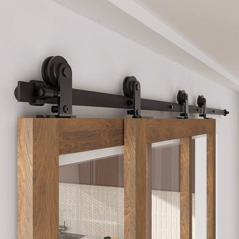 11Ft Bypass Sliding Barn Door Hardware Kit For Two Doors, Single Track System, installed view with rust resistant black finish