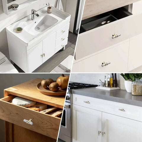 Installation of 10 pack cabinet knobs in brushed nickel and gold finishes on kitchen and bathroom furniture drawers.