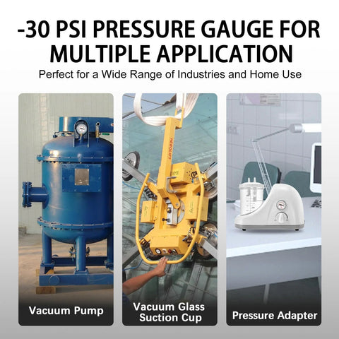 Vacuum test equipment collage: blue metal vacuum pump, yellow glass suction cup, white pressure adapter.