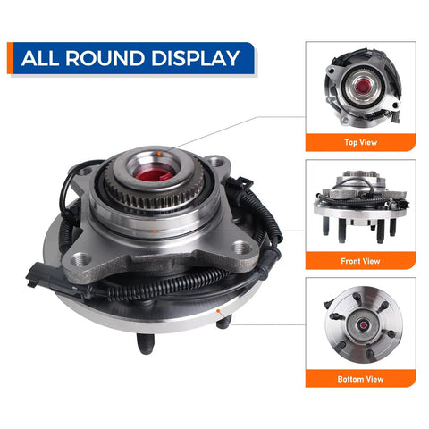 Front Wheel Hub Bearing Assembly 515142 For 2011-2014 Ford Expedition 4WD 6-Lug With ABS Fits Lincoln Navigator And Ford F-150 2011-2012 4x4 Replacement Hub Assembly, showing top, front, and bottom views with integrated ABS sensor.