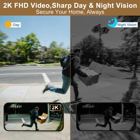 Day and night vision of 2K FHD Wireless Doorbell Camera With 180 Degree Head To Toe View No Sub Fees Battery Powered Two Way Talk