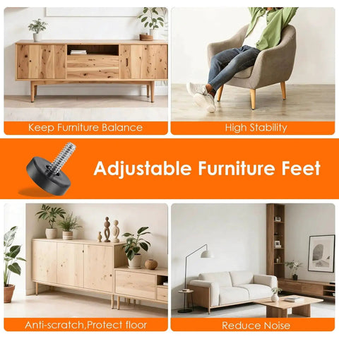 Quarter Inch 20 UNC Thread Adjustable Furniture Leveling Feet 15 Pack in use stabilizing furniture on wooden floors, maintaining balance.