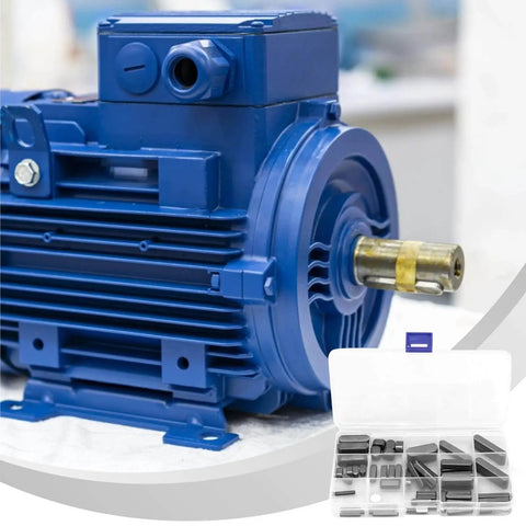 Electric motor with 60 Pcs Square Key Stock Kit With Storage Box For Industrial Equipment Pro Grade Carbon Steel Machine Key Set displayed