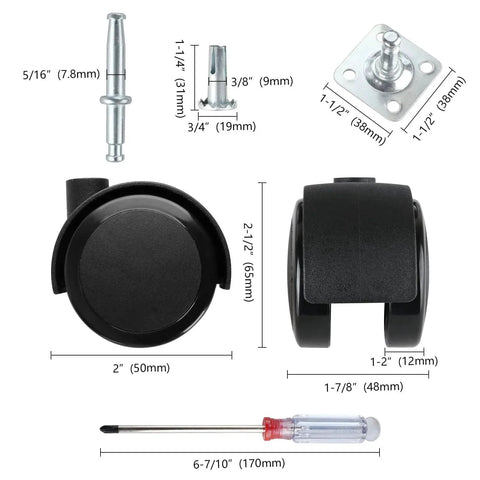 Diagram of Two Inch Caster Wheels Set Of Four With Five Sixteenth Inch Valve Stem And Rotating Top Plate Installation Options, black color.