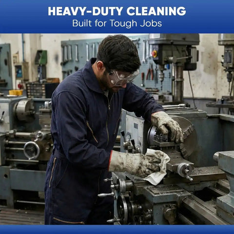 Worker using Lint Free White Tshirt Rags 100 Percent Cotton Highly Absorbent Die Cut Jersey Wiping Towels on industrial machine