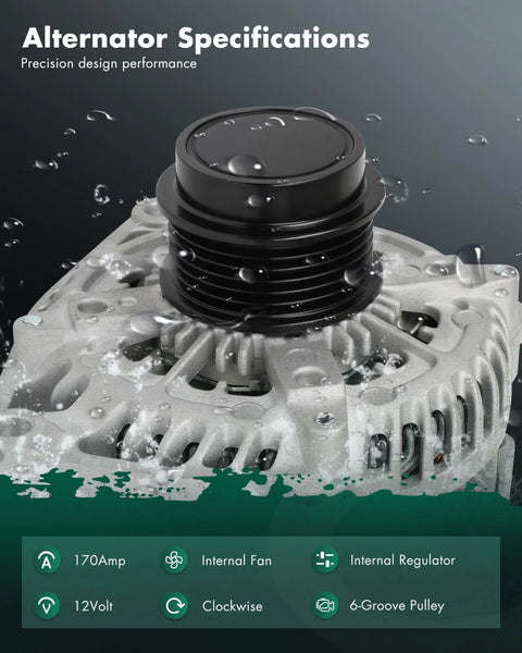 Close-up of Beefed Up 170A High Output Alternator Replacement For GM Trucks And SUVs 6-Groove CW Pulley model 14009