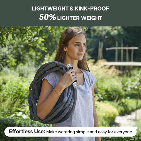 75ft non-expanding garden hose, black and gray, coiled over a woman's shoulder in a garden.
