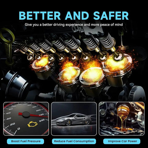 Internal view of engine combustion with icons for boosting fuel pressure, reducing fuel consumption, and improving car power.