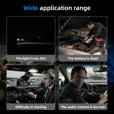 Collage showing issues in cars: dim lights, dead battery with man charging, difficulty starting, and low audio volume.