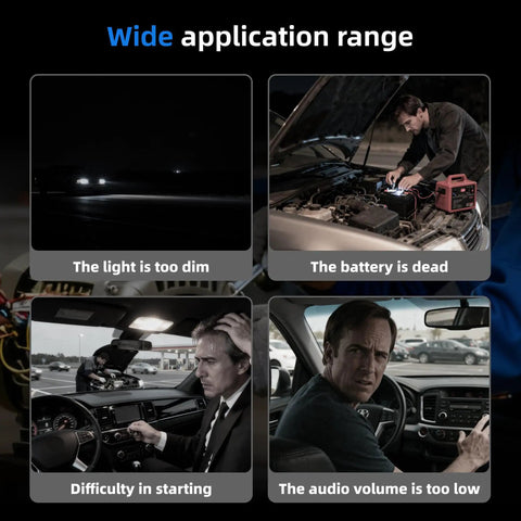 Wide application range showcasing car battery issues like dim lights, dead battery, difficult starting, and low audio volume.