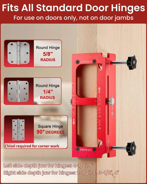Built Tough Aluminum Door Hinge Jig For 2.5 To 5 Inch Hinges Adjustable Jamb Router Jig With Radius Quarter Inch And Radius Five Eighths Inch Square Corner 6061 Aluminum Alloy By JoblikeBrez showing red jig on wooden door with hinge diagrams