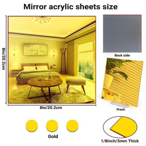 Gold Acrylic Mirror Sheets 8 By 8 Inches One Eighth Inch Thick Adrattnay 3 Pack For Laser Cutting And Engraving shown in size and color chart