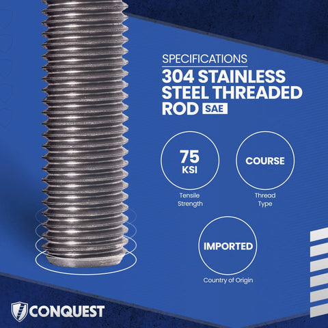 Conquest 304 stainless steel fully threaded rod, 5/8 in diameter, 36 in length, right-hand threads